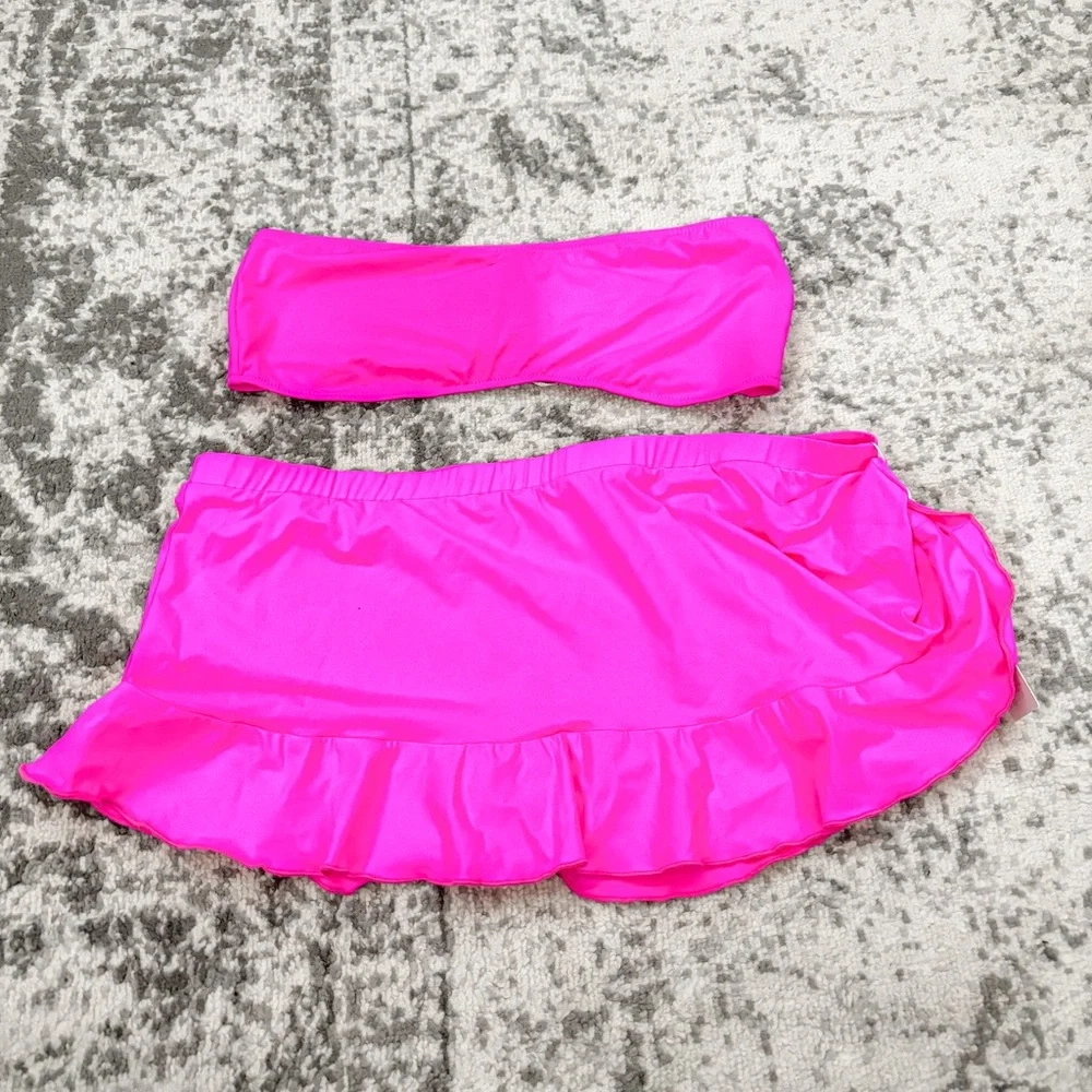 NEW Frankie’s Bikinis Jean Bandeau Bikini Top Andrea Mini Skirt Watermelon